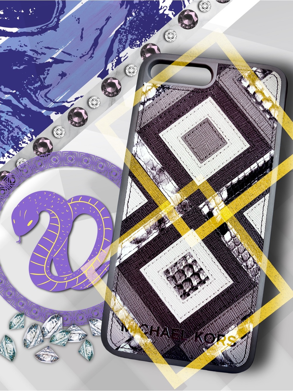 Michael Kors Grey Geometric Snake Skin Pattern Case w/ Original Box iPhone 7+